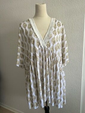 Khush Boho White Deluxe Beige Oversized Flowy Tunic Mini Dress Beach Coverup